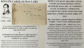 Anti - Jacksonian Congressman Poultney Vermont War 1812 Attorney Document Signed
