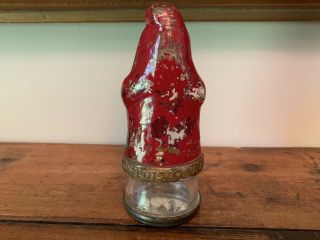 SANTA CLAUS IN BANDED COAT GLASS CANDY CONTAINER PAINT 2