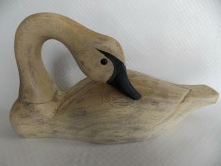 Carved Wooden Swan Figurine With Glass Eyes 17 Inch,  White