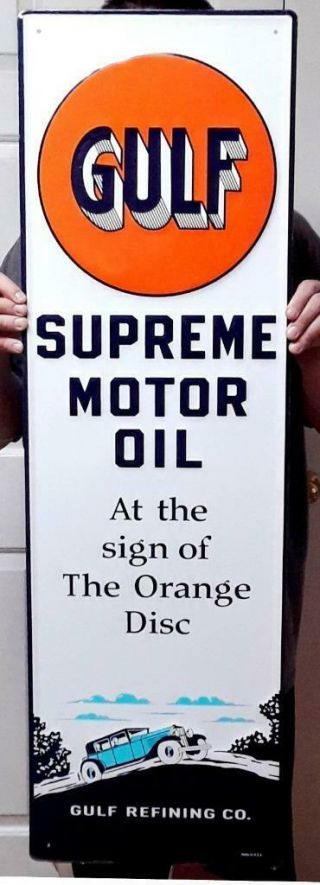 Tall 43 " Gulf Supreme Motor Oil Single Sided Embossed Enamel Metal Sign -
