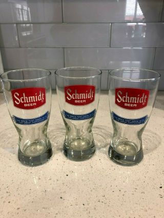 Set Of 3 Vintage Schmidt Beer 5 1/2 " Glasses Red Blue Logo 1970 
