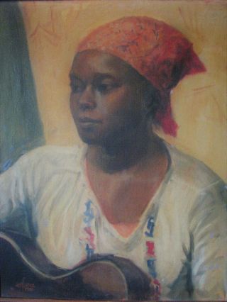 1941 AFRICAN AMERICAN PORTRAIT ARTIST SIGNED WOMAN PLAYING GUITAR 3