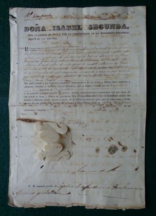 Antique Signed Spanish Document Queen Isabel Ii Spain Bourbon 1853 Royal Seal