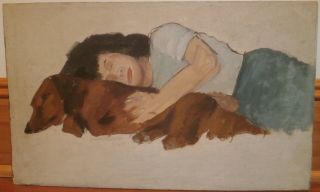 Girl & Dachshund (dog) Sleeping - Oil Painting - 1949 - August Mosca