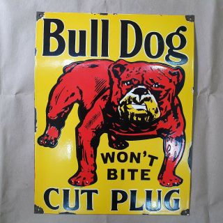 Bull Dog Cut Plug Vintage Porcelain Sign 14 X 18 Inches