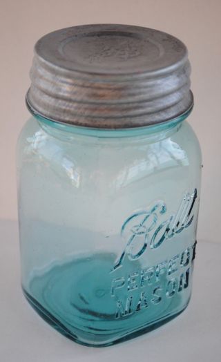 Vintage 1923 1933 Ball Perfect Mason " Square " Blue Pint Canning Jar & Ball Lid