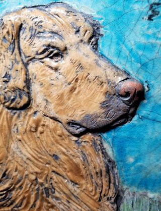 Golden Retriever Dog Bas - Relief Glazed Painting On Slate 10.  5 " By 9 "