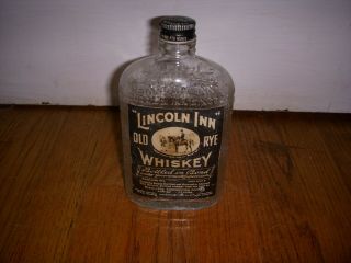 Antique Lincoln Inn Old Rye Whiskey Glass Bottle With Label