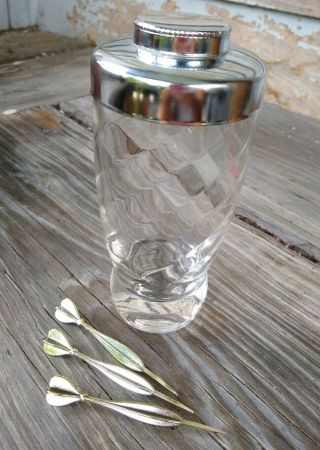 Vintage Mid Century Glass Cocktail Shaker & Sticks