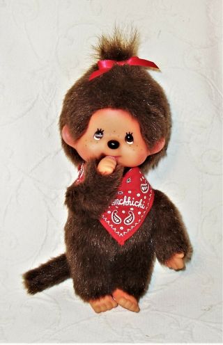 Vtg 8 " Monchhichi Girl Monkey Plush Doll W/ Red Bandanna/bow Sekiguchi China Euc