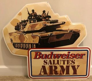 Huge Budweiser Salutes Army Metal Tin Sign 1994 Vintage Featuring M1 Abrams Tank