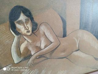 great painting of nude,  oil on old carton,  masterpiece of old painter,  framed 8