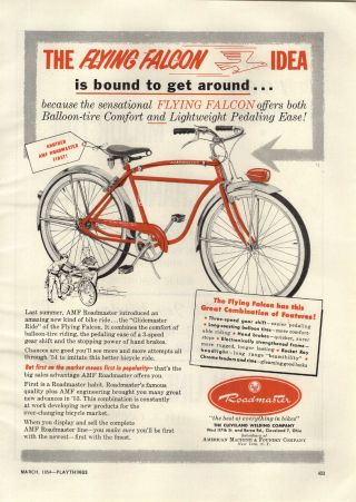 1954 Paper Ad Amf Roadmaster Flying Falcon Bicycle 3 Speed Balloon Tire