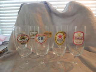 Set Of 8 Vintage Asian Beer Pilsner Glasses 8 " Kirin Sapporo Crown San Miguel Si
