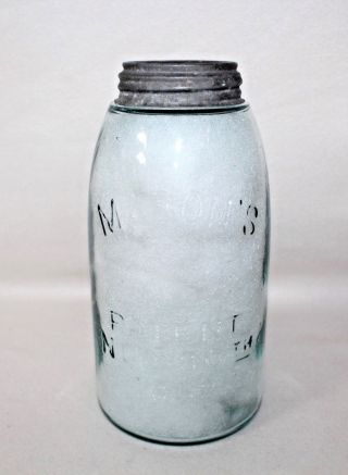 " Mason " S Patent Nov 30,  1858 " Keystone In Circle Aqua Jar W/ Zinc Lid