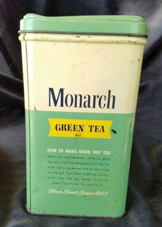 Old Advertising Tin MONARCH Green TEA Consolidated Grocers Chicago Old Stock 2