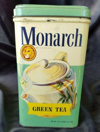 Old Advertising Tin MONARCH Green TEA Consolidated Grocers Chicago Old Stock 3