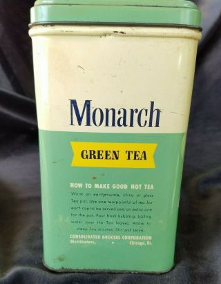Old Advertising Tin MONARCH Green TEA Consolidated Grocers Chicago Old Stock 4
