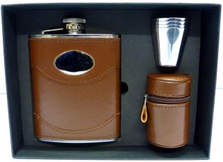Special Offer: 6oz Brown Leather Hip Flask & Four Cup Set Engraving (flc9)