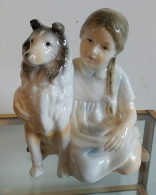 Vintage Porcelain Figurine Little Girl With Her Collie Dog Japan