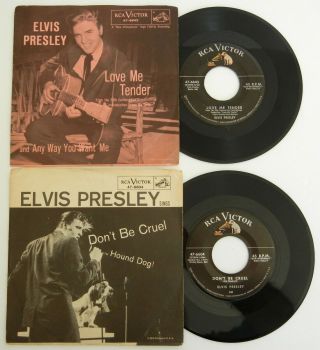 1956 Orig 45 Rpm Elvis Presley Hound Dog & Love Me Tender Rca Picture Sleeves