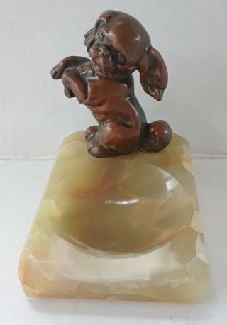 Vintage Bronze And Onyx/marble Cavalier King Charles Spaniel Ashtray Coin Holder