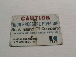 Vintage Rock Island Oil Co High Pressure Pipeline Porcelain Sign 14x10 In Duncan