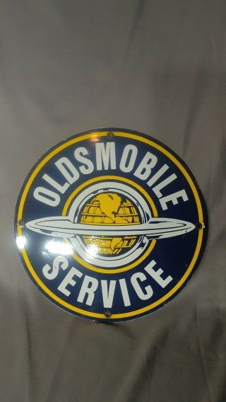 Vintage Oldsmobile Service 11 1/4 " Porcelain Metal Car Truck Gasoline & Oil Sign
