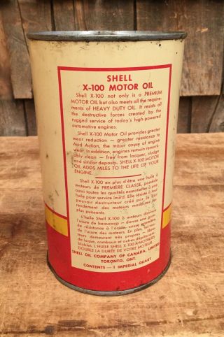 Vintage 1 Imperial Quart SHELL X - 100 Motor Oil Tin Can Gas Service Station Sign 3