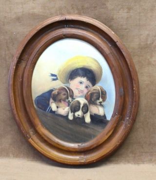 Estate Found Antique Boy W/ 3 Puppies Oil Painting On Wood Panel Oval