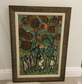 Listed American Modern Frank Kleinholz Signed Oil Children Sunflowers