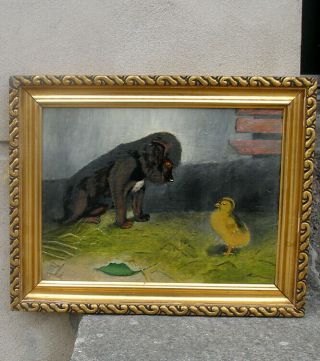 Antique Salon Oil.  Black Puppy Dog And Baby Chick.  1910.