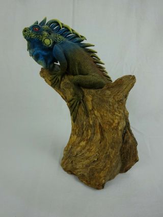 Blue Iguana Climbing On Wood Base Handcrafted Iguana Sculpture 11.  5 " X 8.  5 "