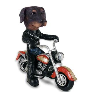 Uncropped Black Doberman Pinscher On A Motorcycle Stone Resin Figurine Statue