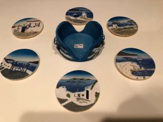 Set 6 Vintage Nassos Greece Hand Painted Ceramic Coasters Paradissi Rodos - Hellas