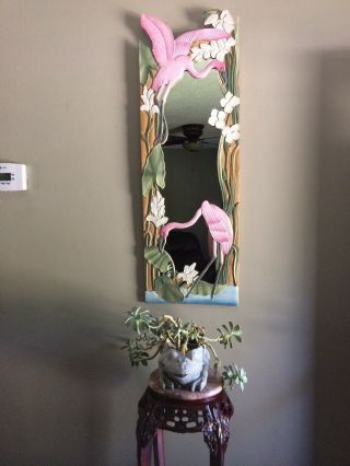 Pink Flamingo Wooden Wood Mirror Decor Tropical Island Hand Carved Painted