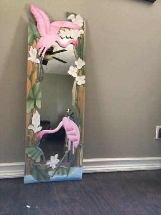 Pink Flamingo Wooden Wood Mirror Decor Tropical Island Hand Carved Painted 2