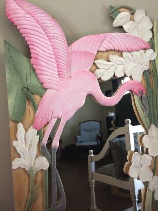 Pink Flamingo Wooden Wood Mirror Decor Tropical Island Hand Carved Painted 3