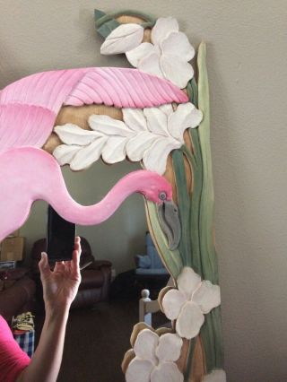 Pink Flamingo Wooden Wood Mirror Decor Tropical Island Hand Carved Painted 4