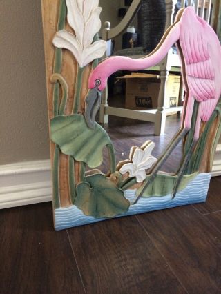 Pink Flamingo Wooden Wood Mirror Decor Tropical Island Hand Carved Painted 6