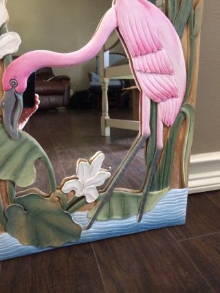 Pink Flamingo Wooden Wood Mirror Decor Tropical Island Hand Carved Painted 7