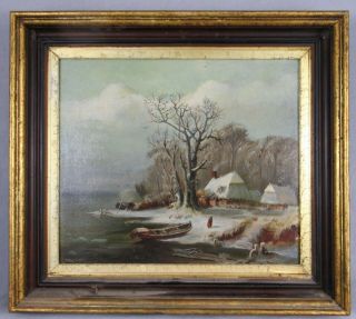 Antique American Winter Lake Shore Landscape Oil On Canvas Board Painting 1890