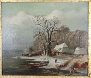 Antique American Winter Lake Shore Landscape Oil on Canvas Board Painting 1890 2