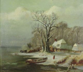 Antique American Winter Lake Shore Landscape Oil on Canvas Board Painting 1890 7