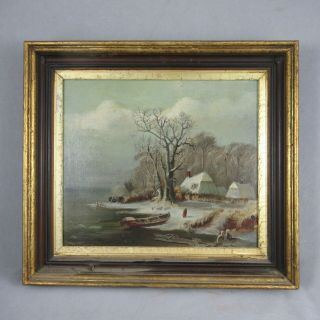 Antique American Winter Lake Shore Landscape Oil on Canvas Board Painting 1890 8
