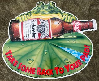 Vtg 1995 Large Budweiser Frog Metal Beer Sign Lily Pad Bar Man Cave Garage