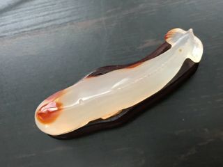 VTG Hand Carved Agate Beluga Whale Creamy w/ Red Spots,  Wooden Stand - Lovely 3