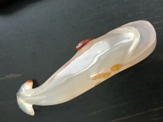 VTG Hand Carved Agate Beluga Whale Creamy w/ Red Spots,  Wooden Stand - Lovely 4