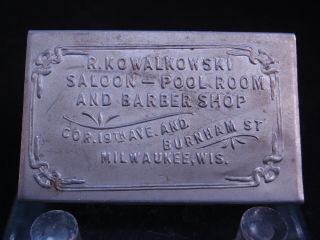 R.  Kowalkowski Saloon,  Pool Room,  Barber Shop Match Safe,  Milwaukee,  Wisconsin