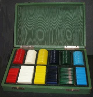 Vintage Boxed Set Of 6 Different Coloured And Shapes Gaming Counters Circa 1940